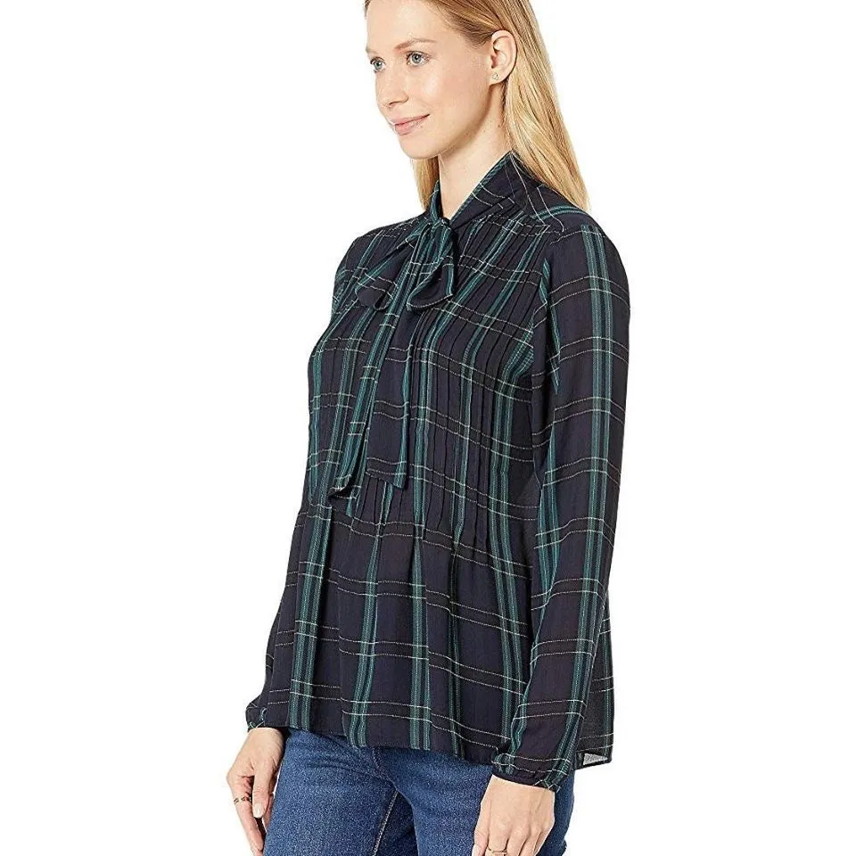 1.State Plaid Georgette Button L/S Tie Nk Pintuck Sleek Plaid Blouse