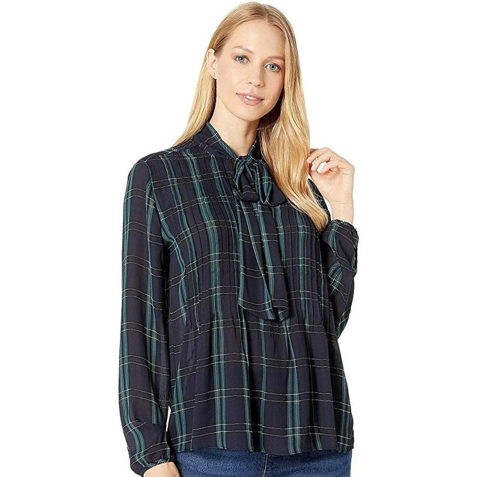 1.State Plaid Georgette Button L/S Tie Nk Pintuck Sleek Plaid Blouse