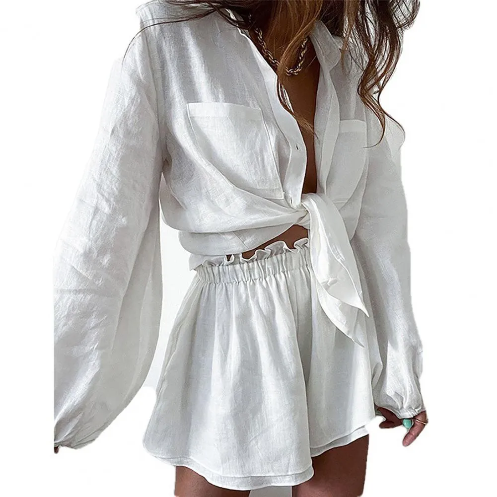 2Pcs/Set Stylish Anti-Pilling Women Outfit Lantern Long Sleeve Versatile Turn-down Collar Shirt Wide Leg Shorts Set