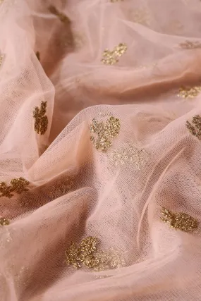 4.75 Meter Cut Piece Of Small Gold Sequins With Gold Zari Small Floral Embroidery On Peach Soft Net Fabric