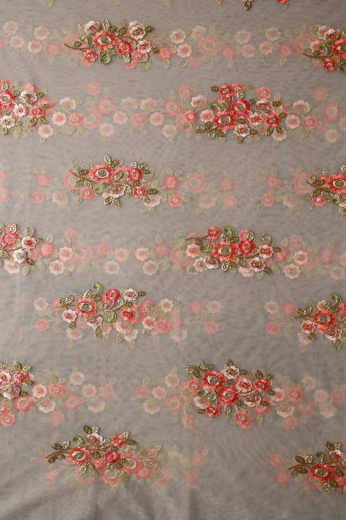 5.25 Meter Cut Piece Of Peach And Olive Thread With Sequins Floral Embroidery On Dusty Olive Soft Net Fabric