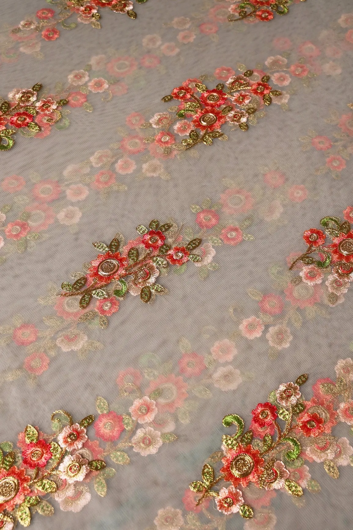 5.25 Meter Cut Piece Of Peach And Olive Thread With Sequins Floral Embroidery On Dusty Olive Soft Net Fabric