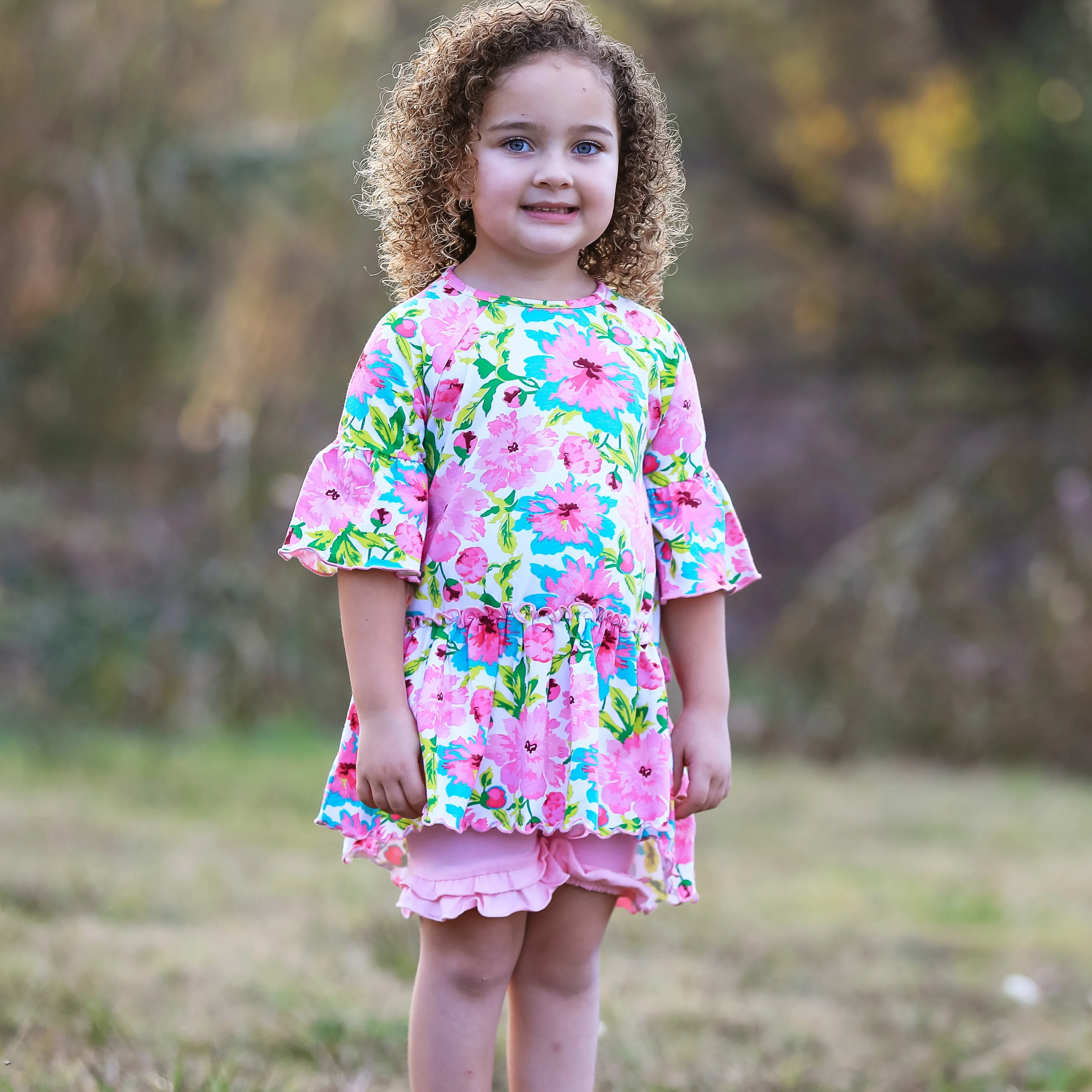 Annloren Little & Big Girls 3/4 Angel Sleeve Pink Green Big Floral Cotton Knit Ruffle Shirt