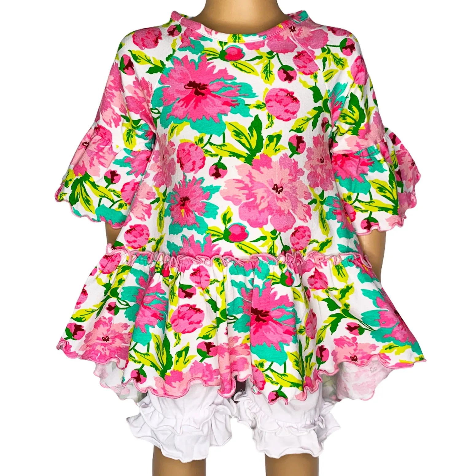 Annloren Little & Big Girls 3/4 Angel Sleeve Pink Green Big Floral Cotton Knit Ruffle Shirt