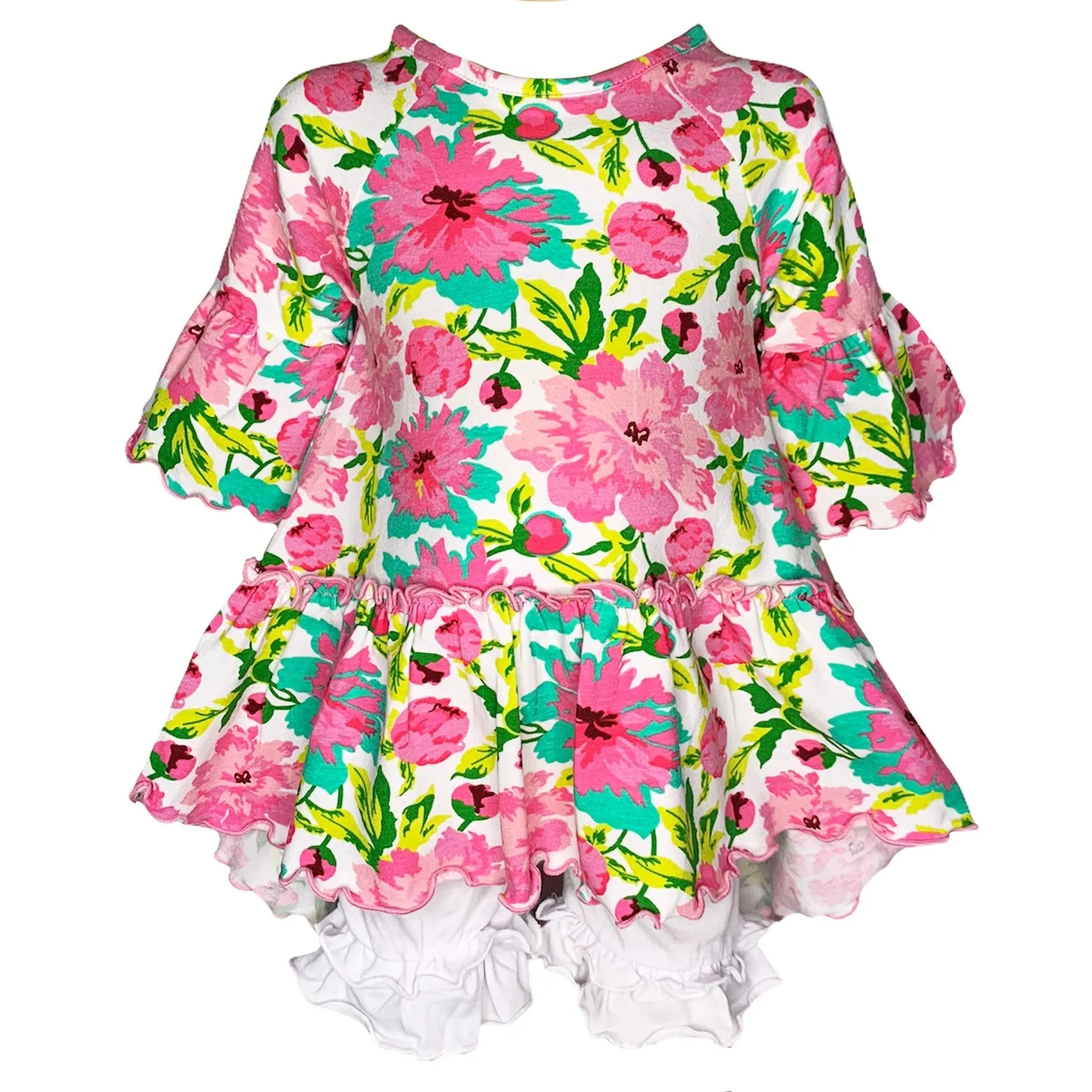 Annloren Little & Big Girls 3/4 Angel Sleeve Pink Green Big Floral Cotton Knit Ruffle Shirt