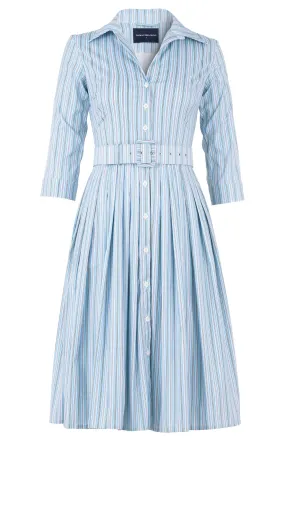 Audrey Dress #2 Shirt Collar 3/4 Sleeve Long Length Cotton Stretch (Napoli Stripe Pastel)