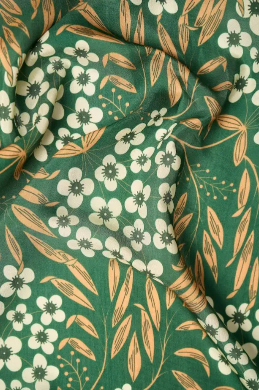 Barah Masi Cluster Pattern Printed With Green Background Natural Muslin Silk Fabric