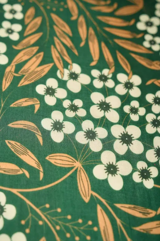 Barah Masi Cluster Pattern Printed With Green Background Natural Muslin Silk Fabric