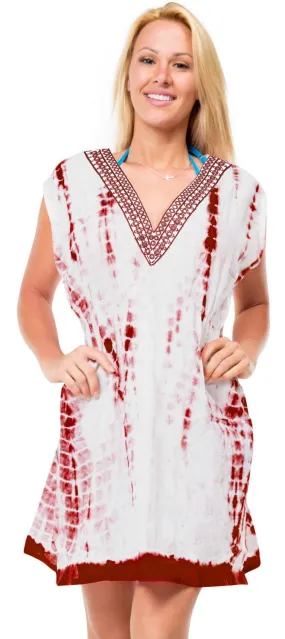 Beachwear Swimwear Tie Dye Poncho Cotton Caftan Kimono Cover up Dress V Neck Red