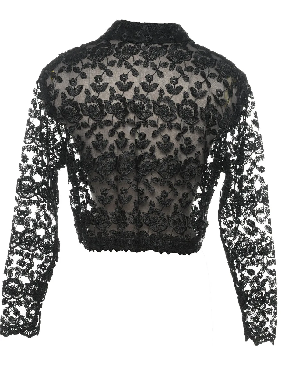 Beaded Black Sheer Floral Evening Jacket - M