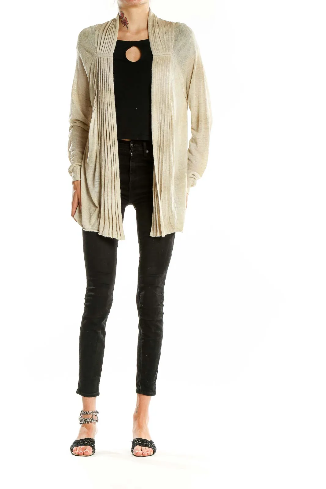 Beige Ribbed Open Front Cardigan