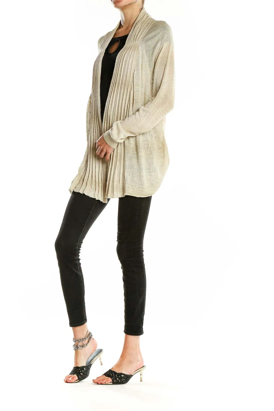 Beige Ribbed Open Front Cardigan