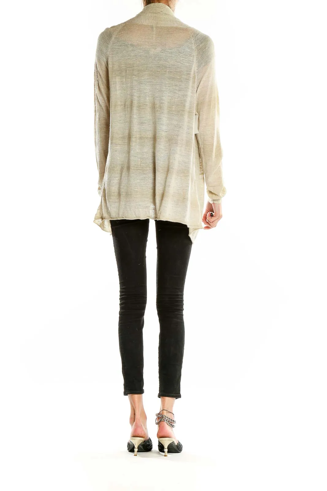 Beige Ribbed Open Front Cardigan