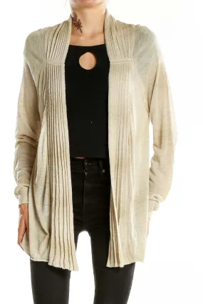 Beige Ribbed Open Front Cardigan