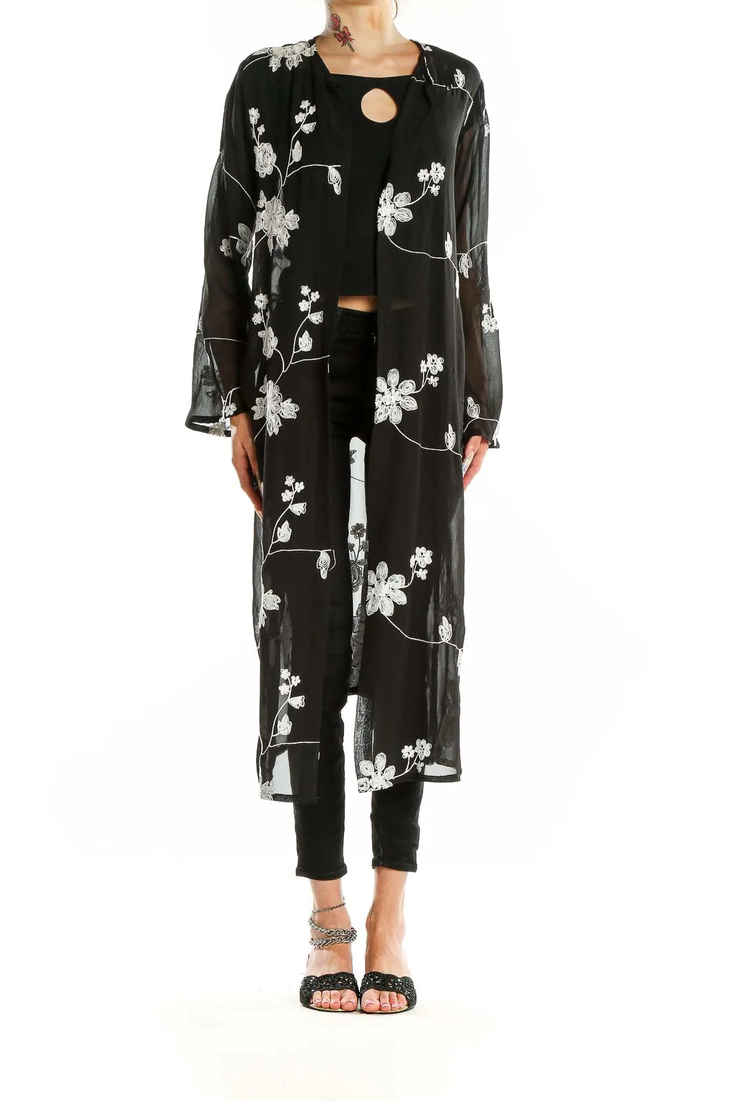 Black Floral Embroidered Long Sheer Cardigan