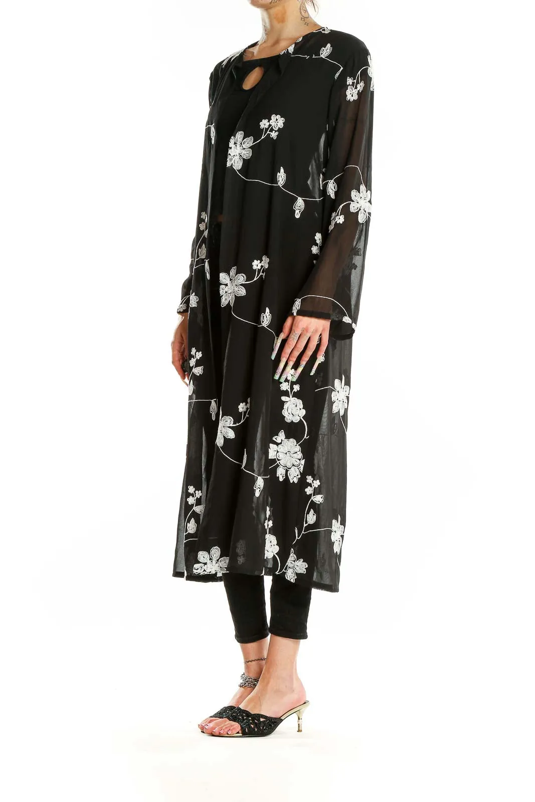 Black Floral Embroidered Long Sheer Cardigan