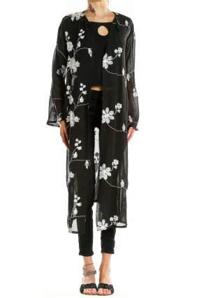 Black Floral Embroidered Long Sheer Cardigan