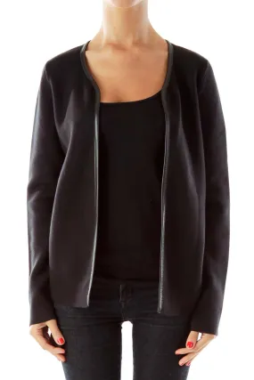 Black Leather Trim Open Cardigan