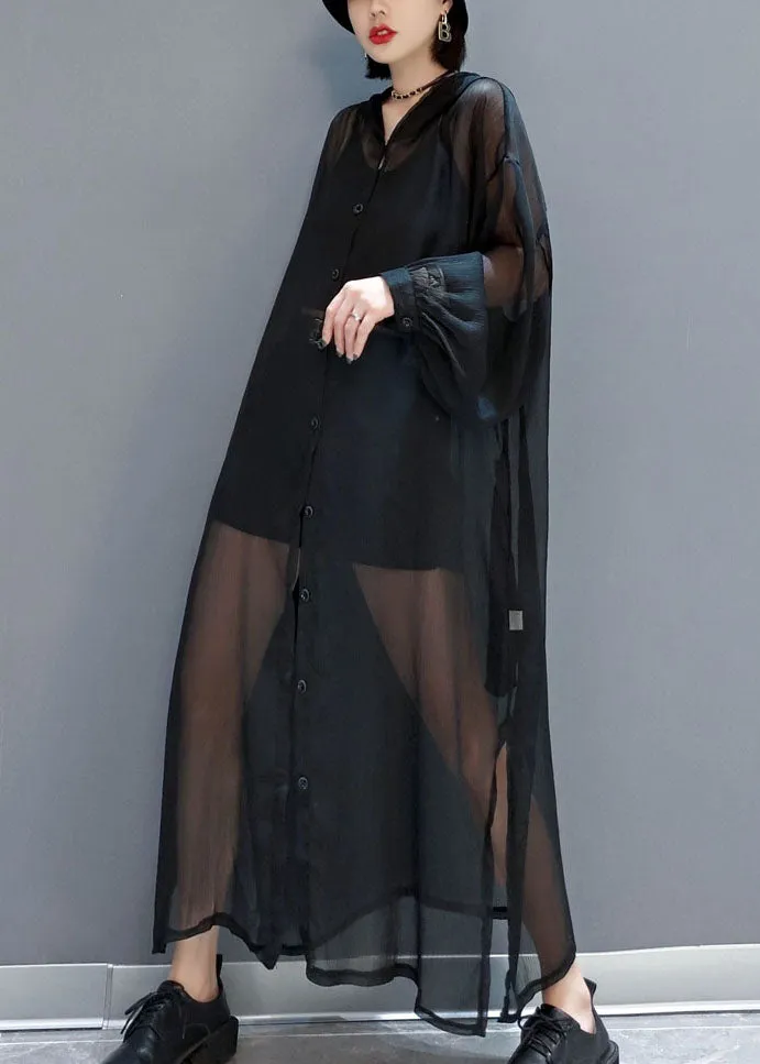 Black Loose Chiffon UPF 50  Cardigans Oversized Side Open Summer LY1656