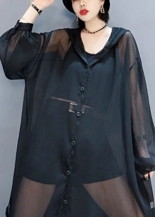 Black Loose Chiffon UPF 50  Cardigans Oversized Side Open Summer LY1656