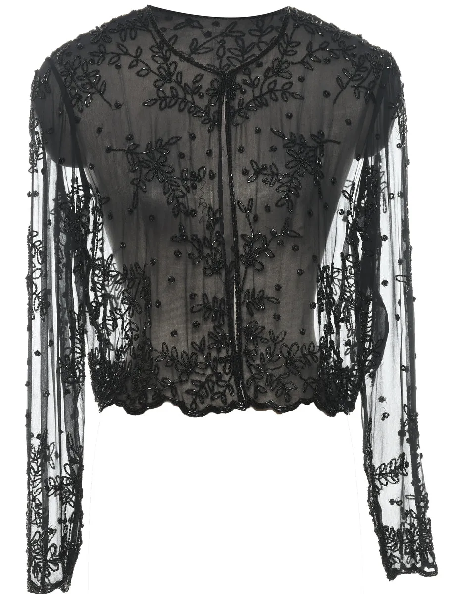 Black Sheer Beaded 1990s Evening Jacket - L