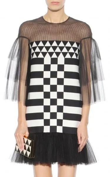 Black Tulle-inset Geometric-print Mini Dress