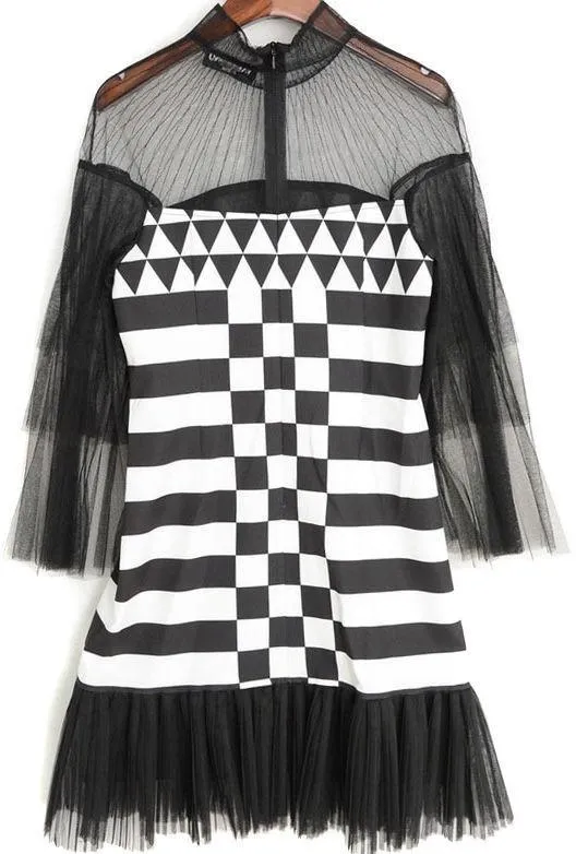 Black Tulle-inset Geometric-print Mini Dress