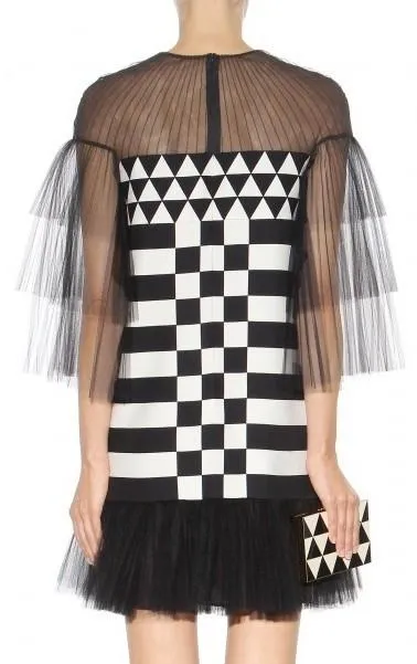 Black Tulle-inset Geometric-print Mini Dress