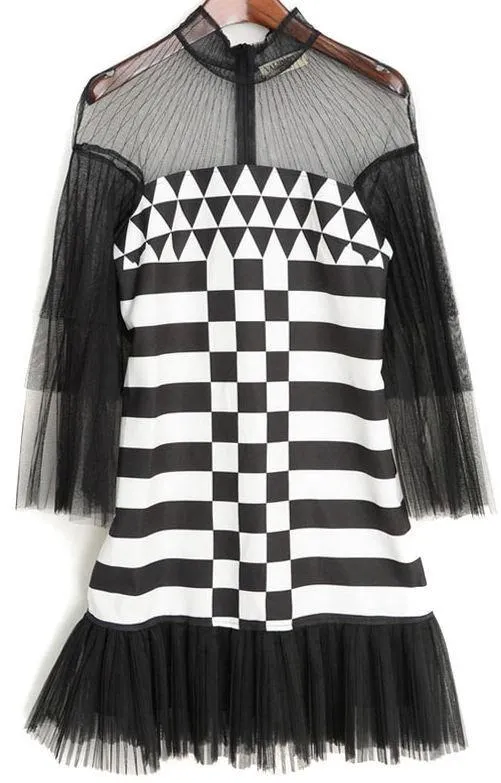 Black Tulle-inset Geometric-print Mini Dress