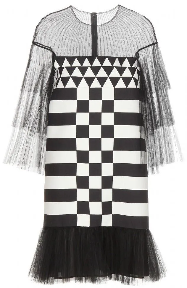 Black Tulle-inset Geometric-print Mini Dress