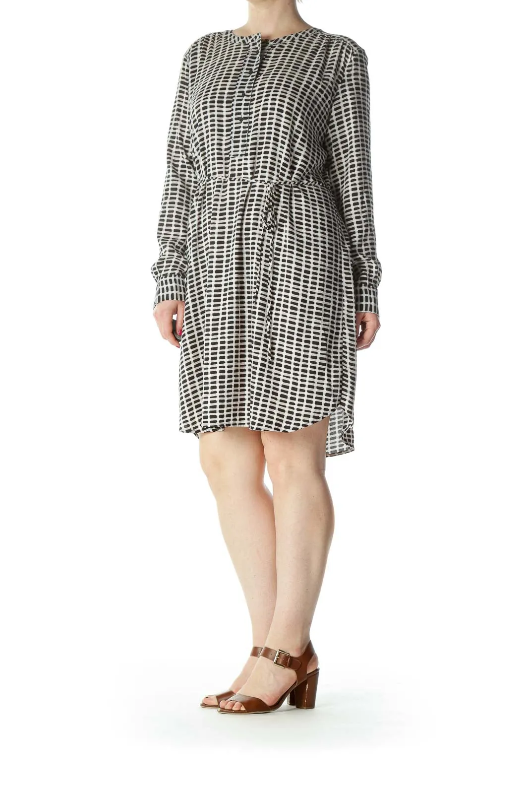 Black/Beige/White Printed Long-Sleeve Belted Dress