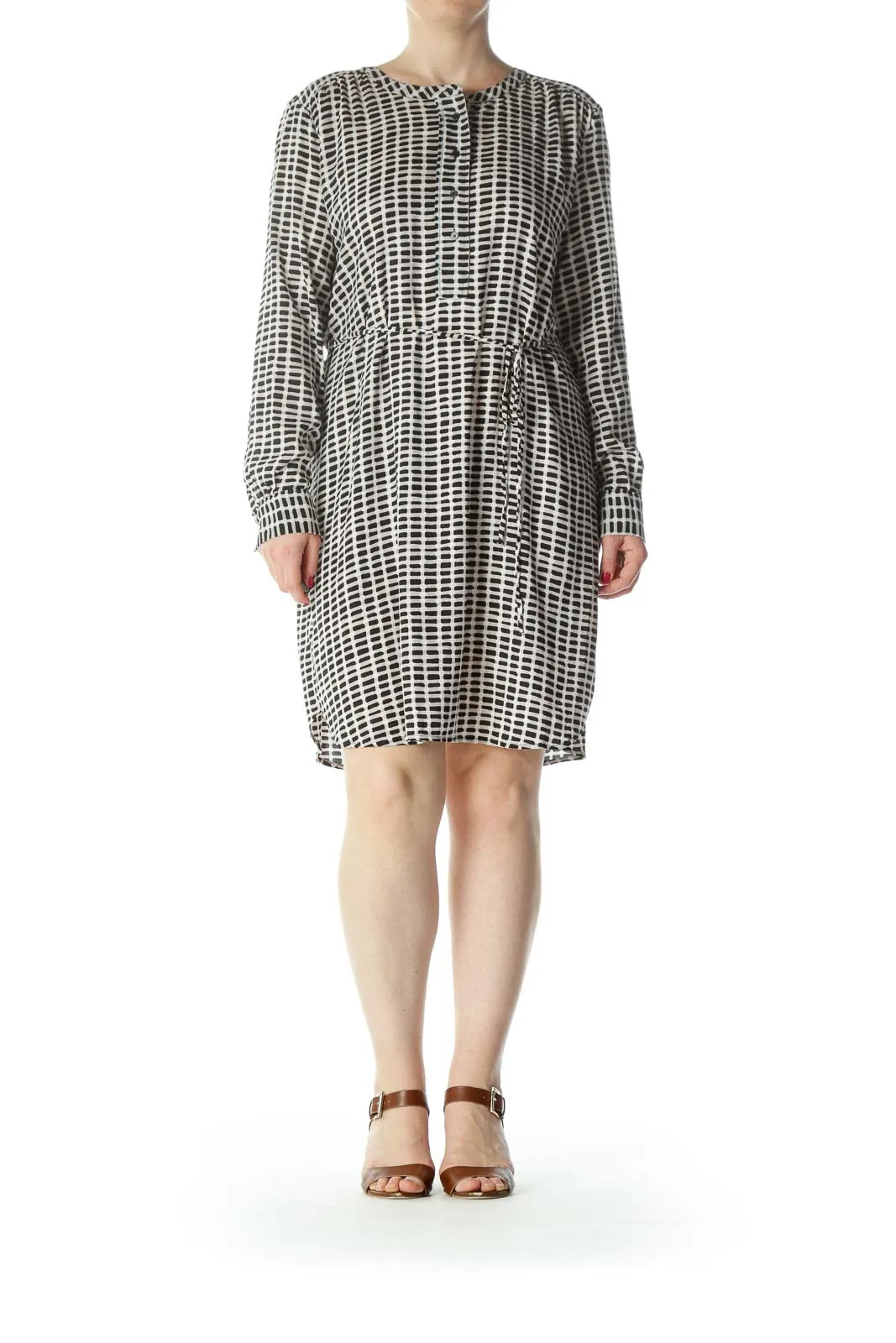 Black/Beige/White Printed Long-Sleeve Belted Dress