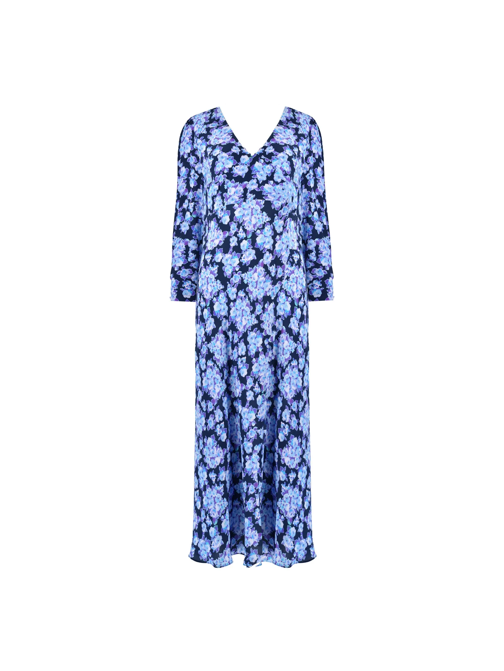 Blue Blurred Floral Print V-Neck Midi Dress