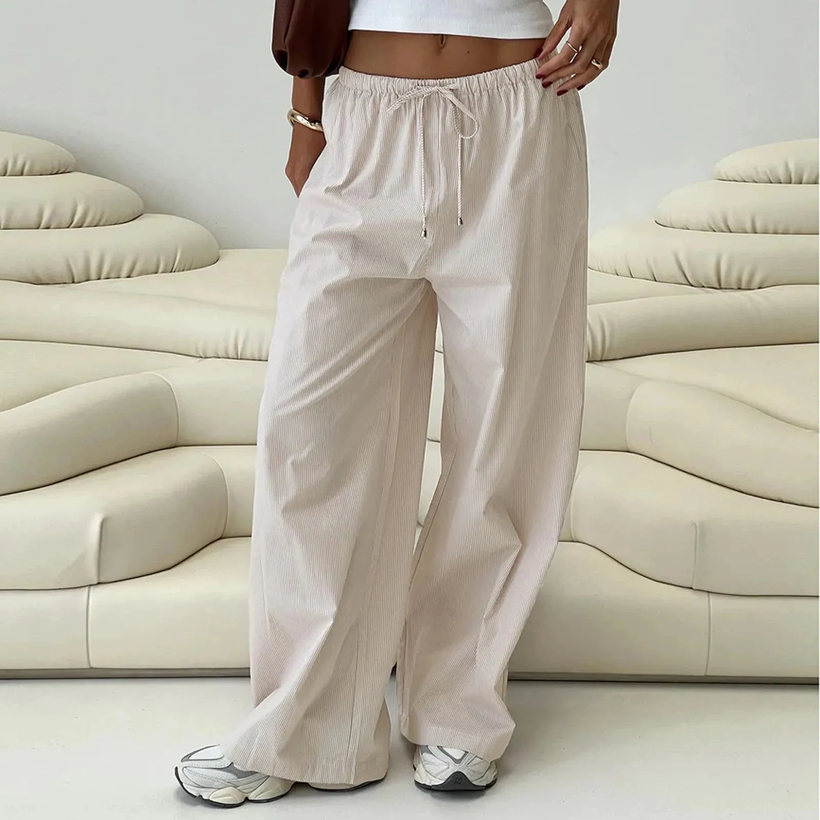 Cago Loose Wide Leg Casual Stripe Elastic Drawstring Work Office Summer Pants