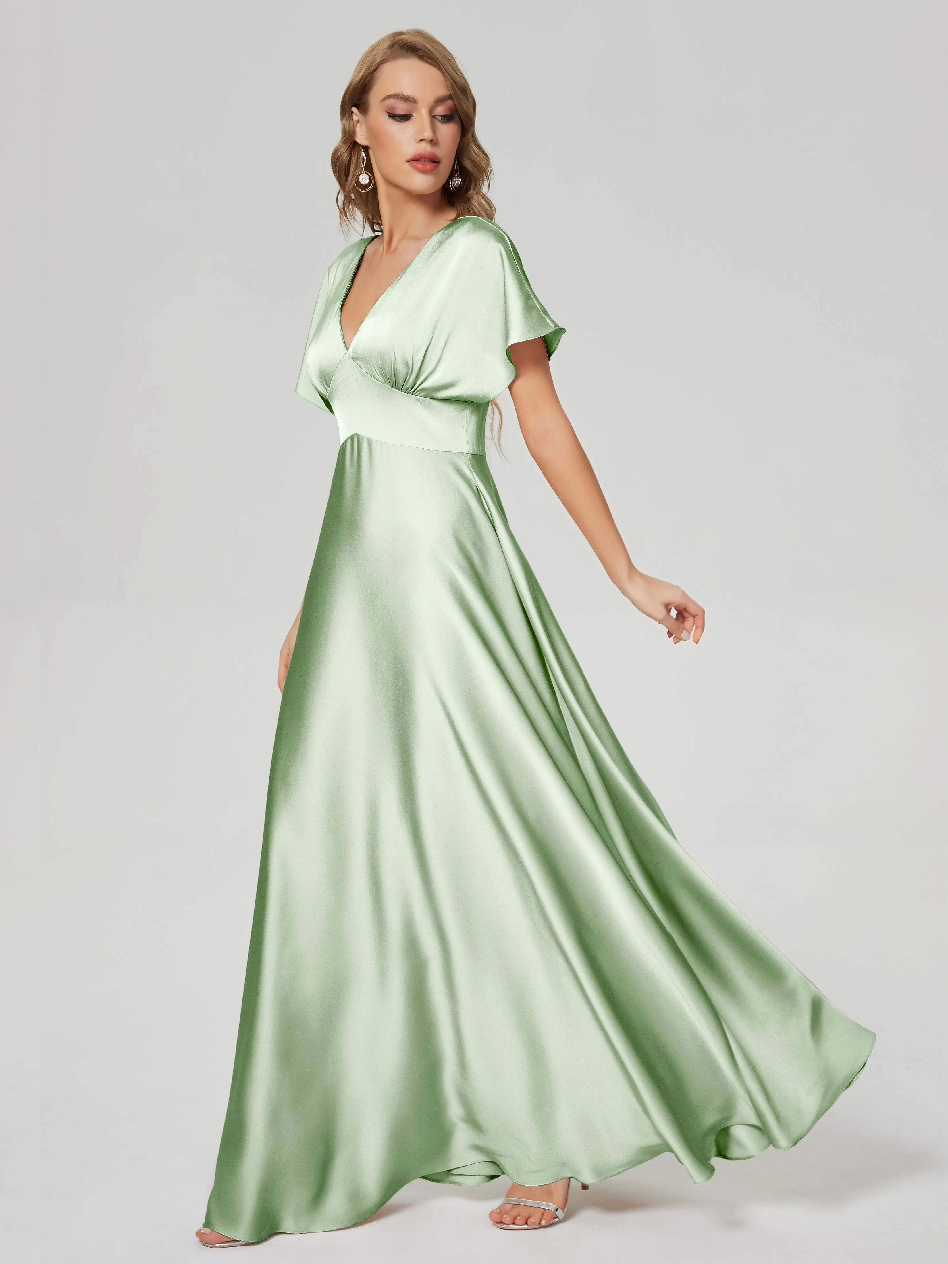 Cap Sleeves Soft Satin Prom Dresses