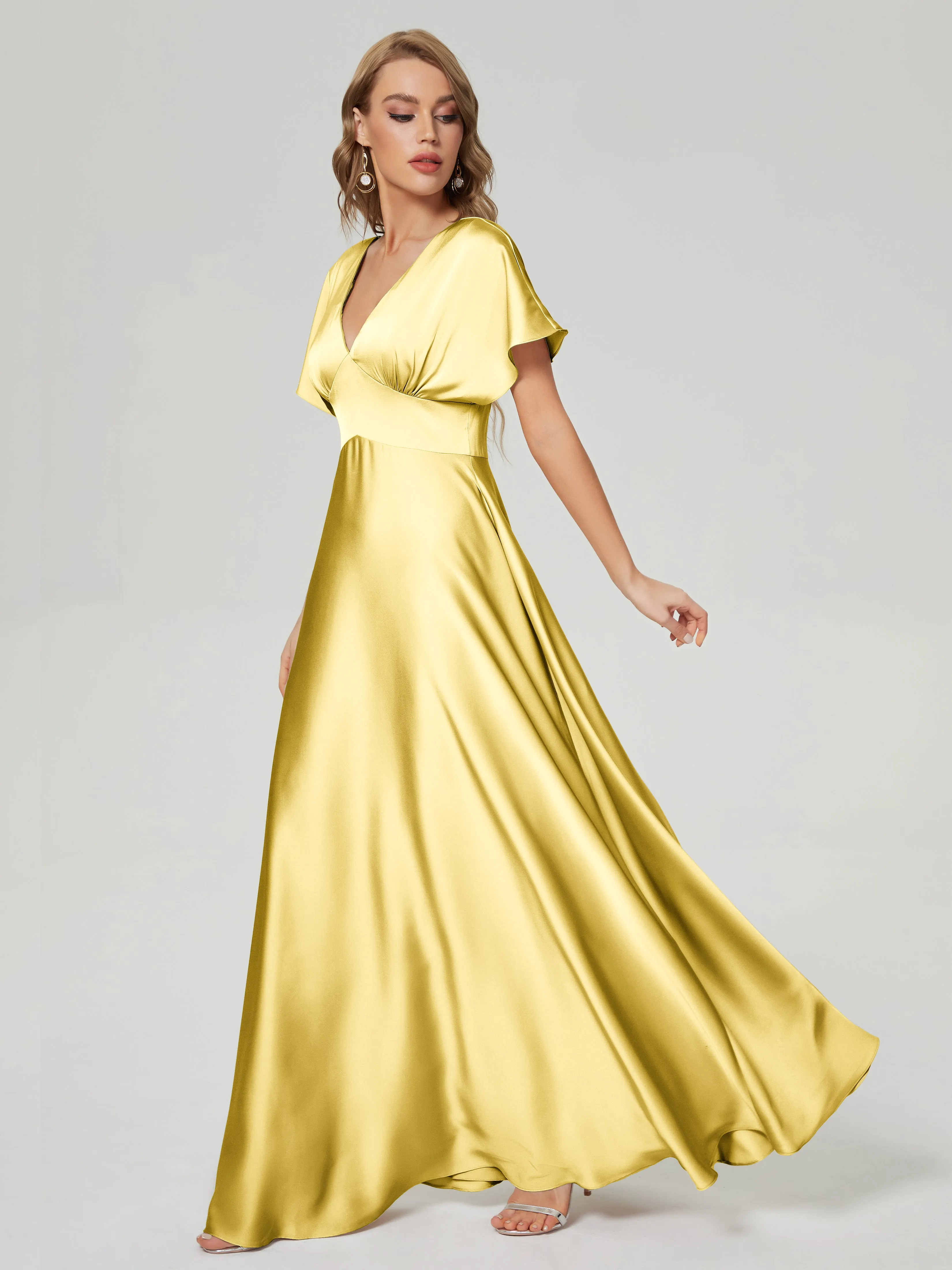 Cap Sleeves Soft Satin Prom Dresses