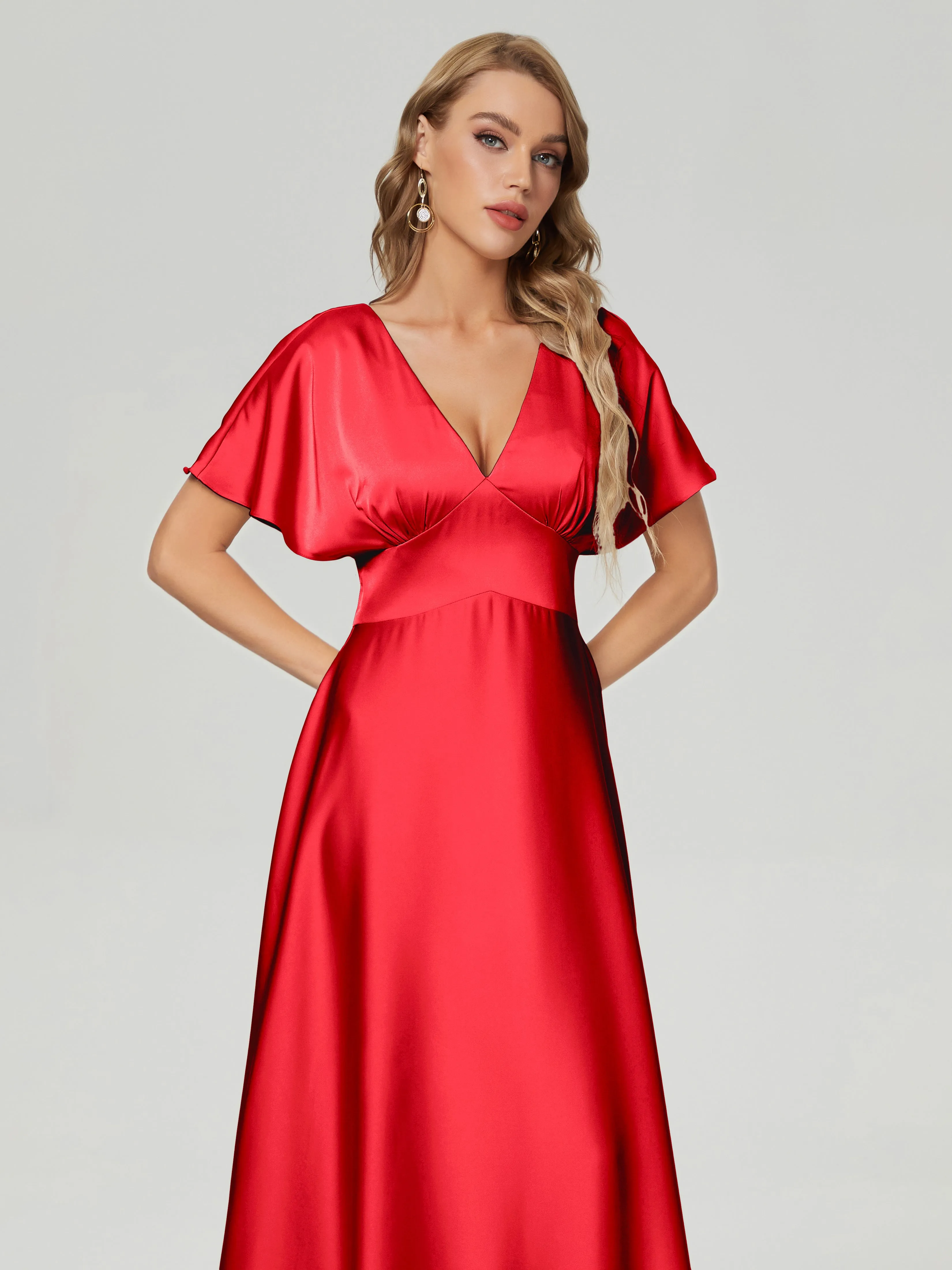 Cap Sleeves Soft Satin Prom Dresses