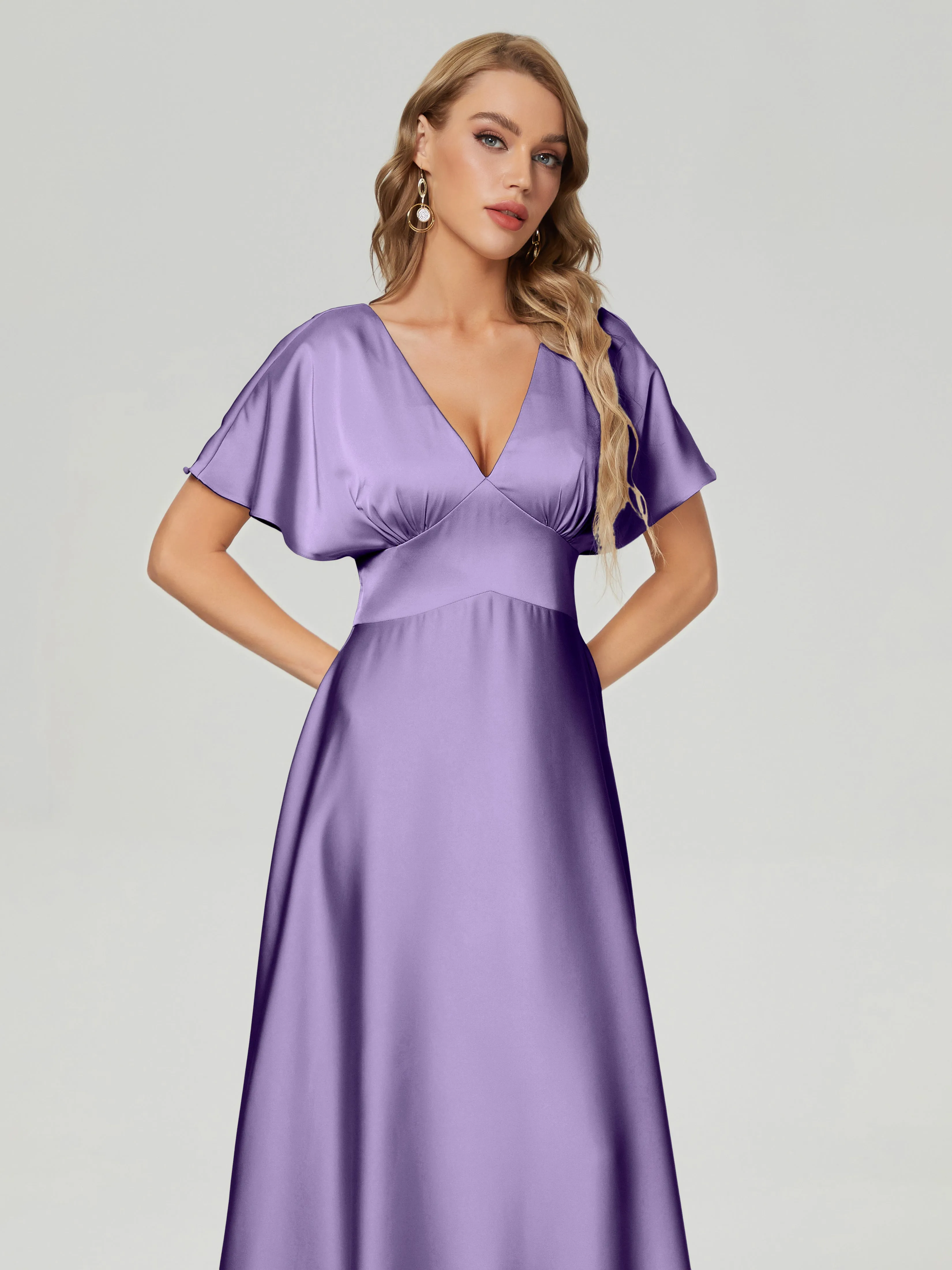 Cap Sleeves Soft Satin Prom Dresses