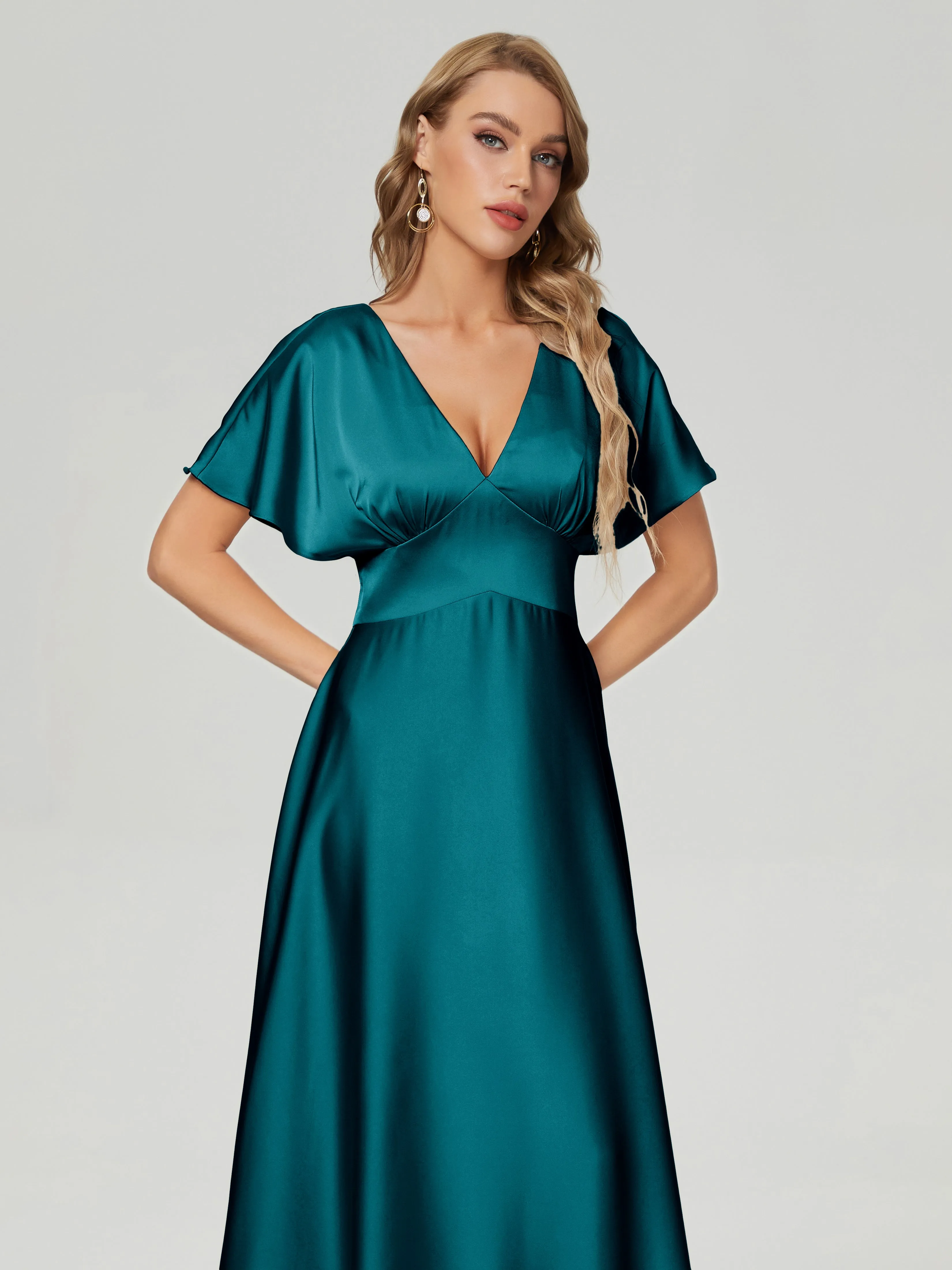 Cap Sleeves Soft Satin Prom Dresses