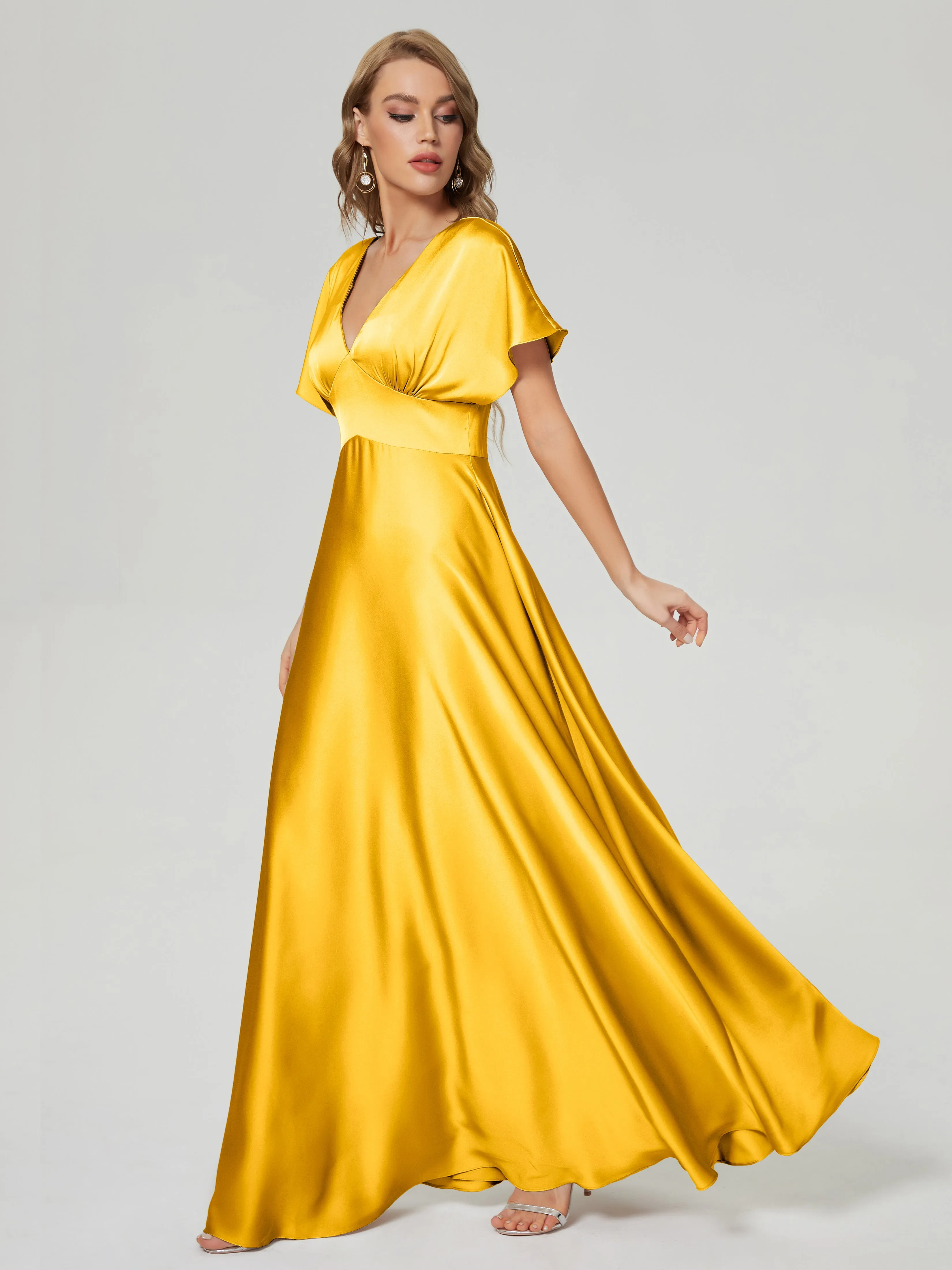 Cap Sleeves Soft Satin Prom Dresses