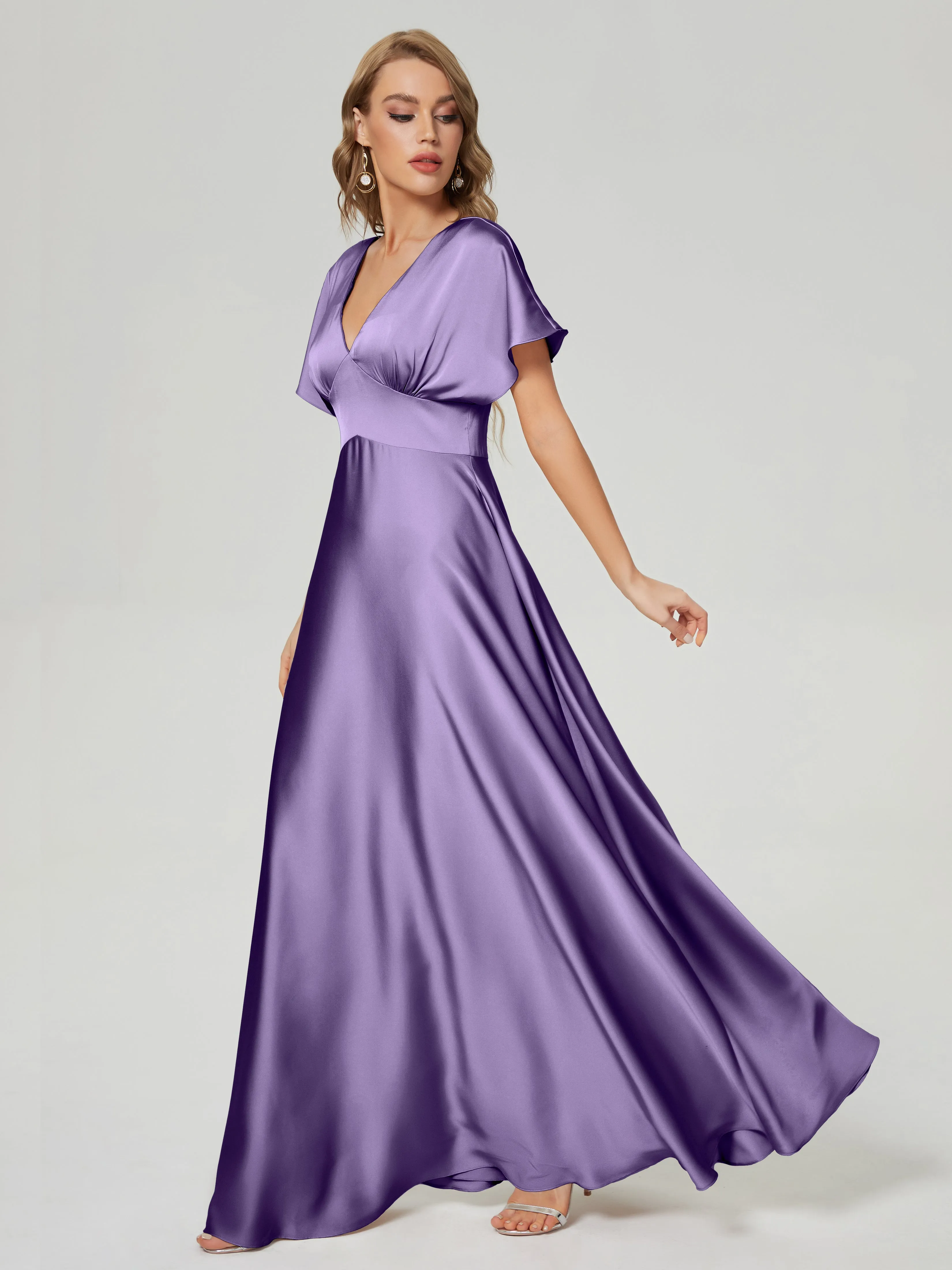 Cap Sleeves Soft Satin Prom Dresses