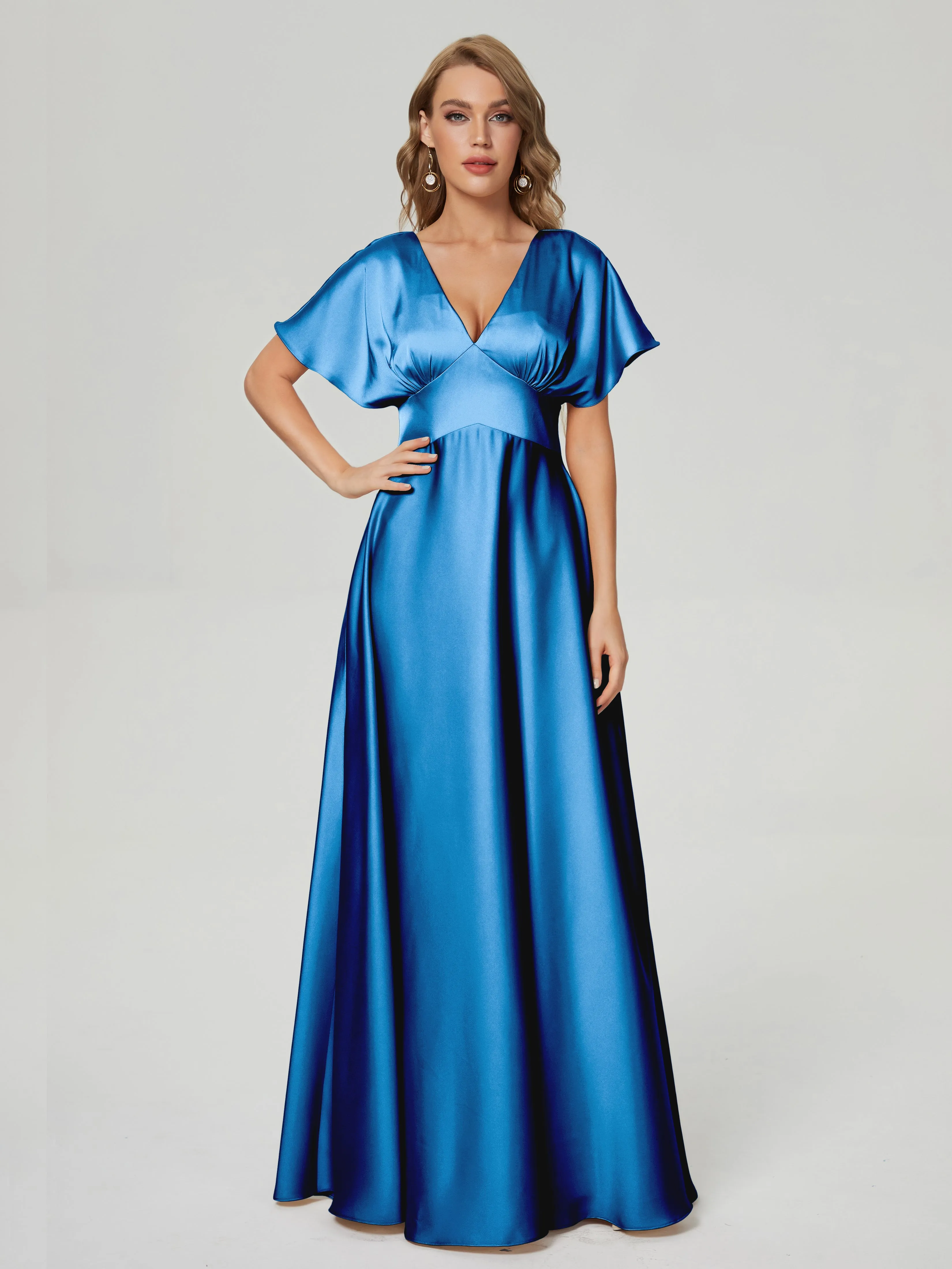 Cap Sleeves Soft Satin Prom Dresses