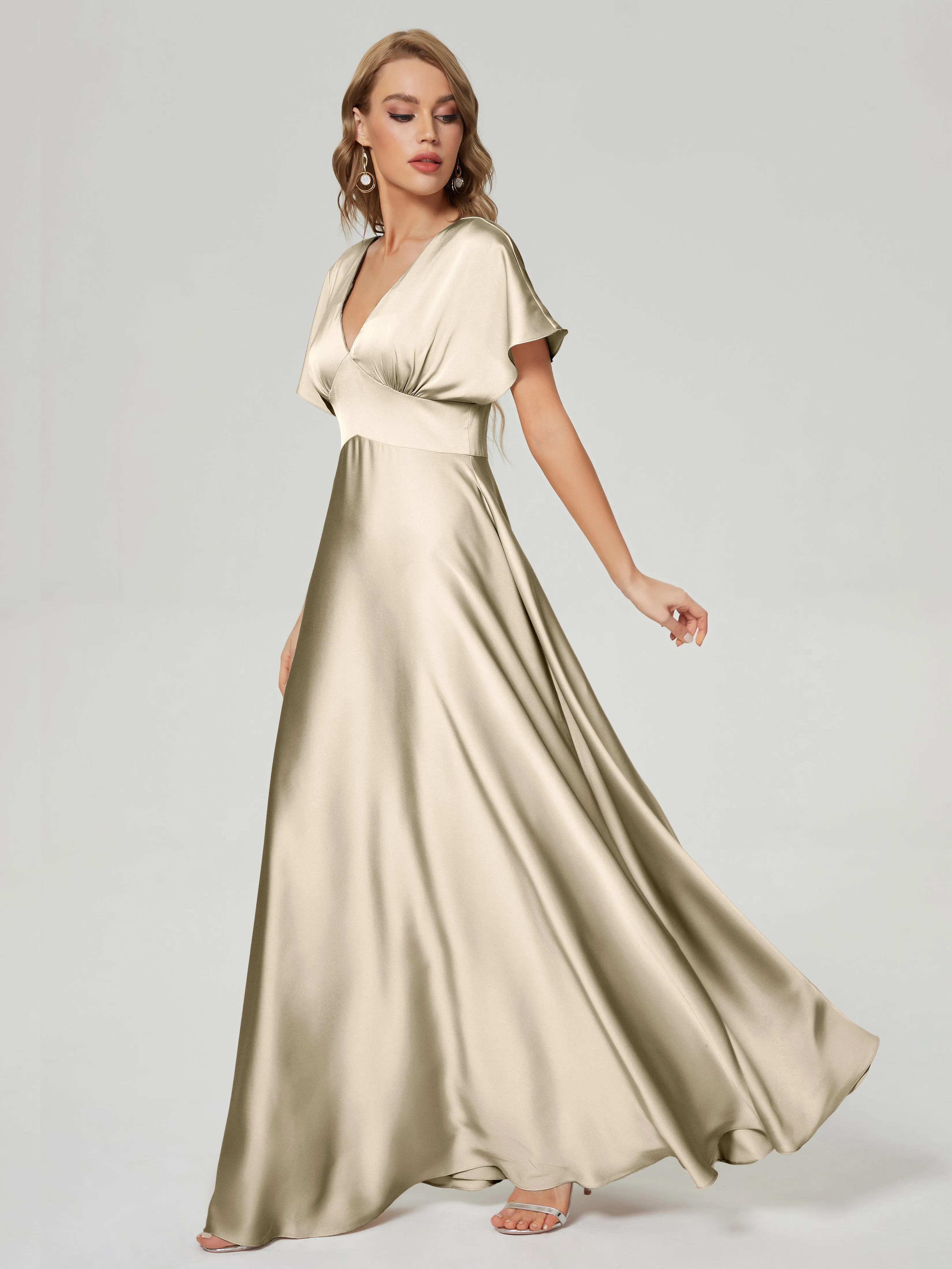 Cap Sleeves Soft Satin Prom Dresses