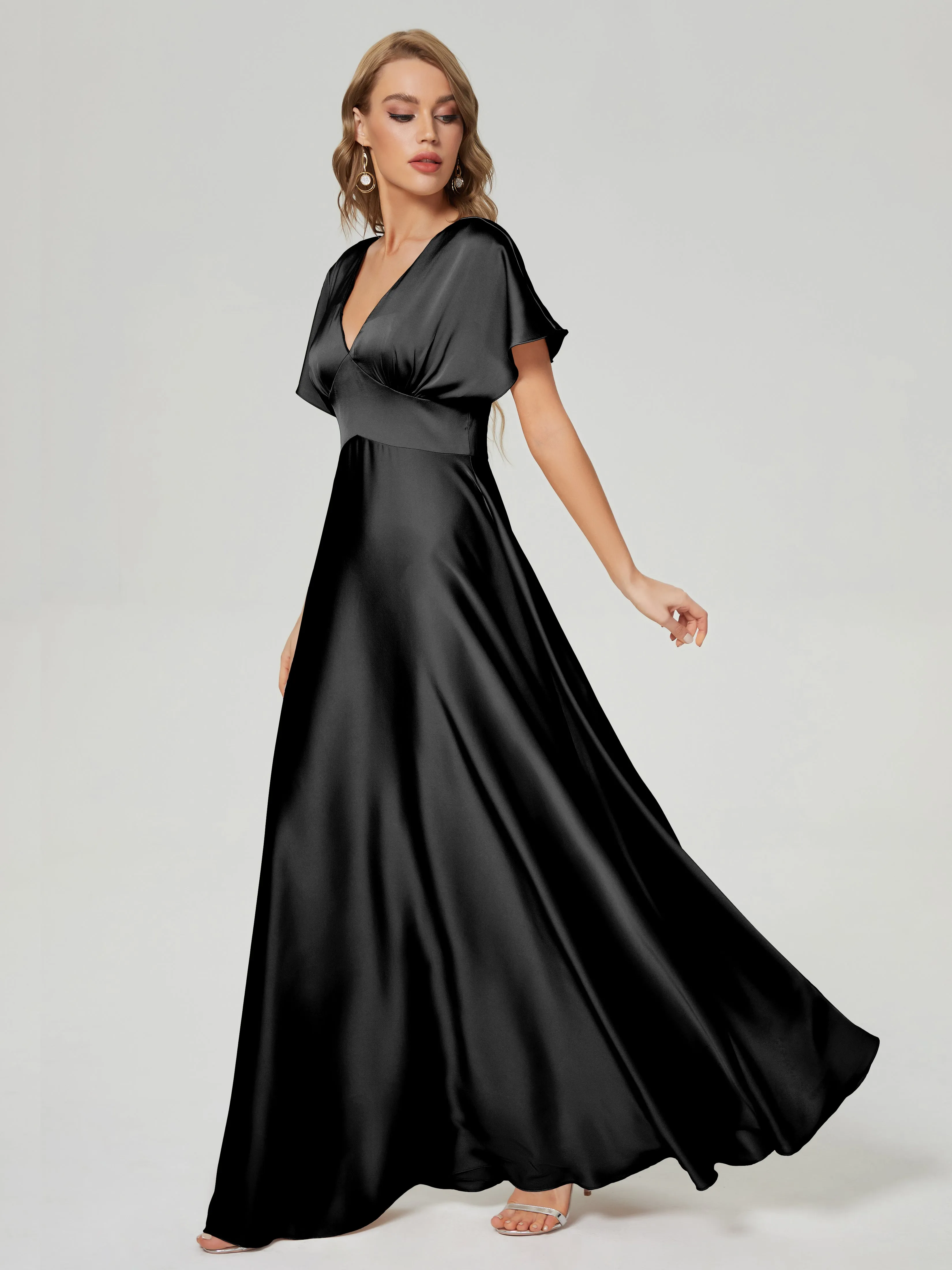 Cap Sleeves Soft Satin Prom Dresses