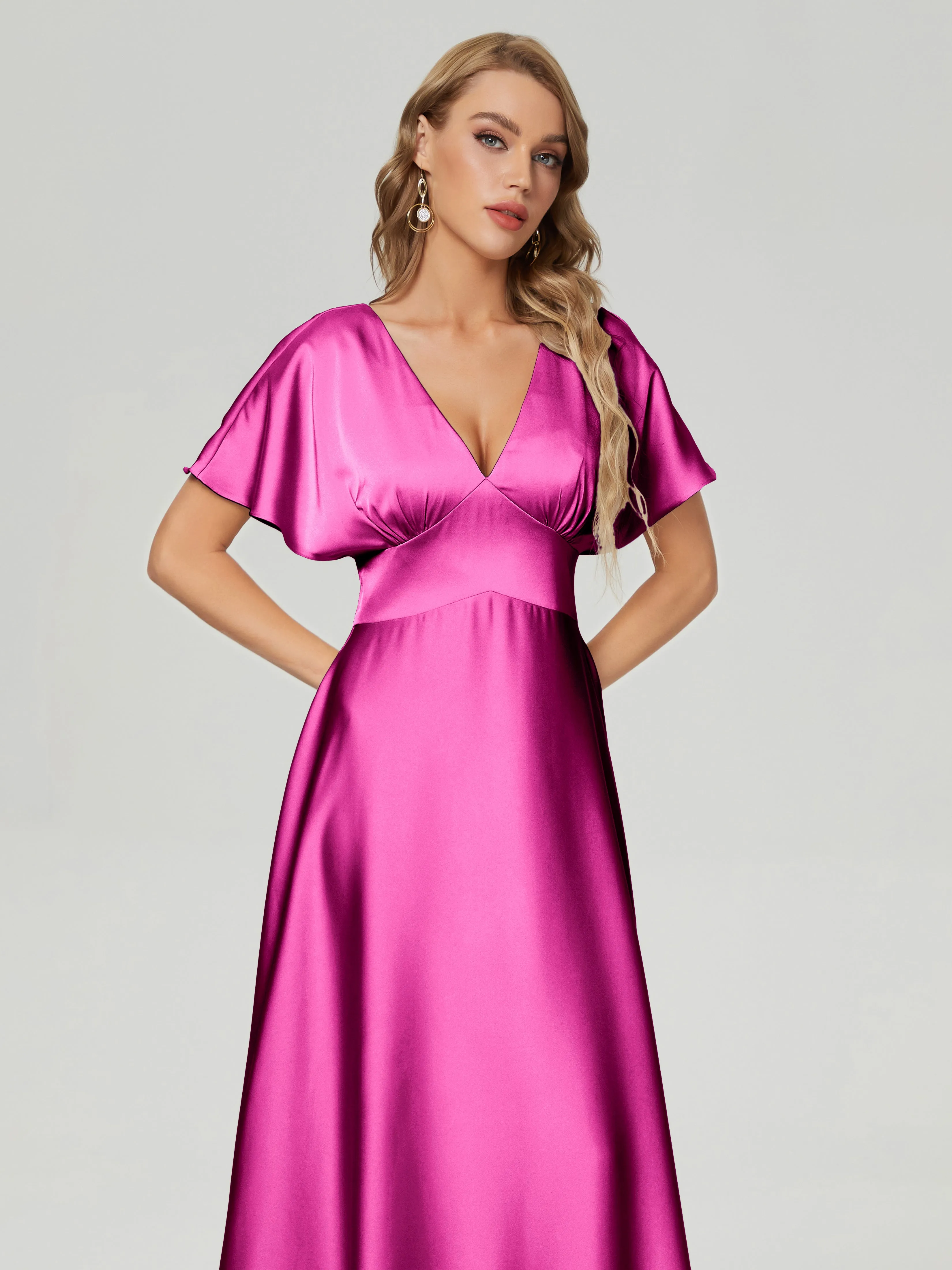 Cap Sleeves Soft Satin Prom Dresses