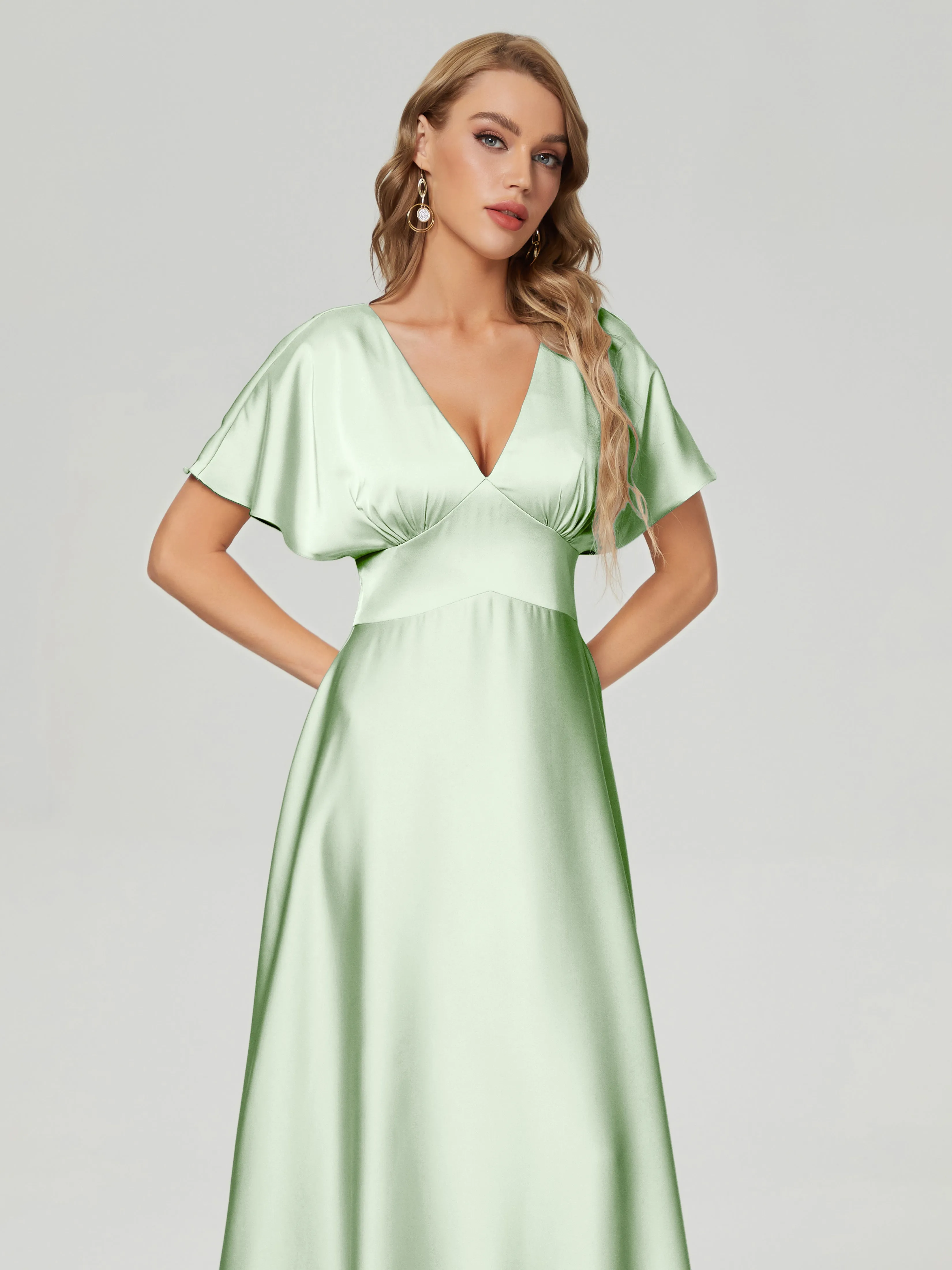 Cap Sleeves Soft Satin Prom Dresses