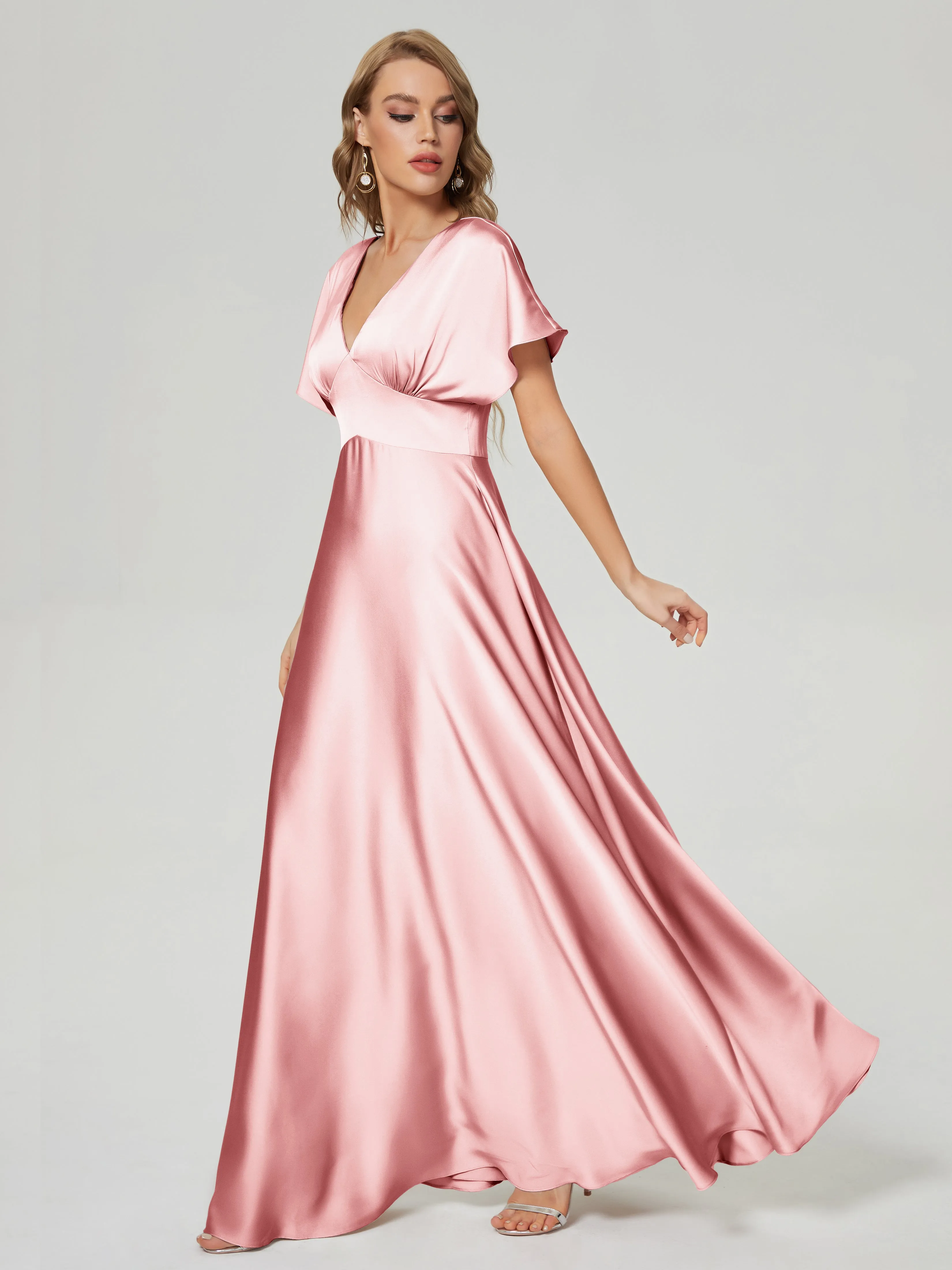 Cap Sleeves Soft Satin Prom Dresses