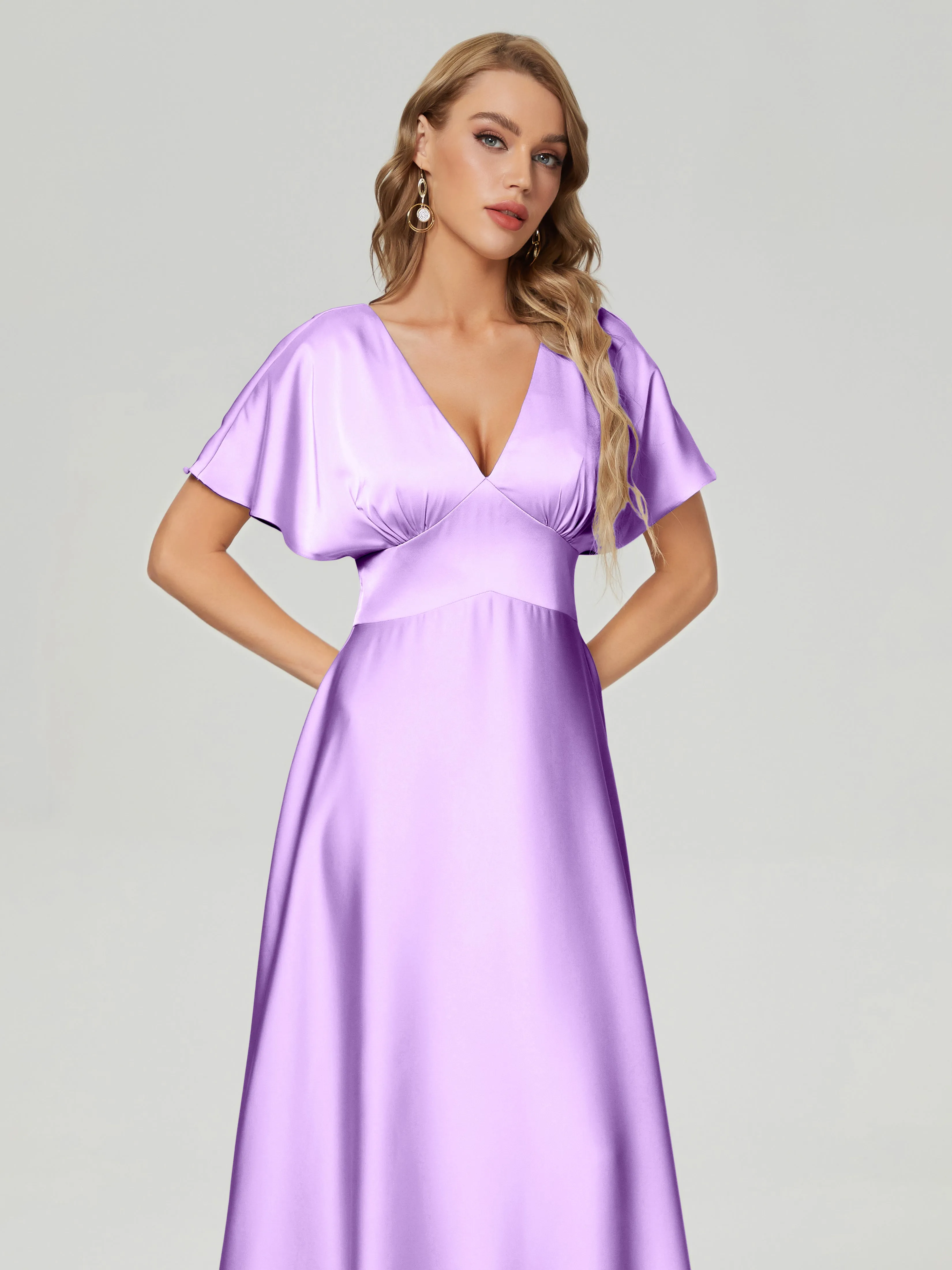 Cap Sleeves Soft Satin Prom Dresses