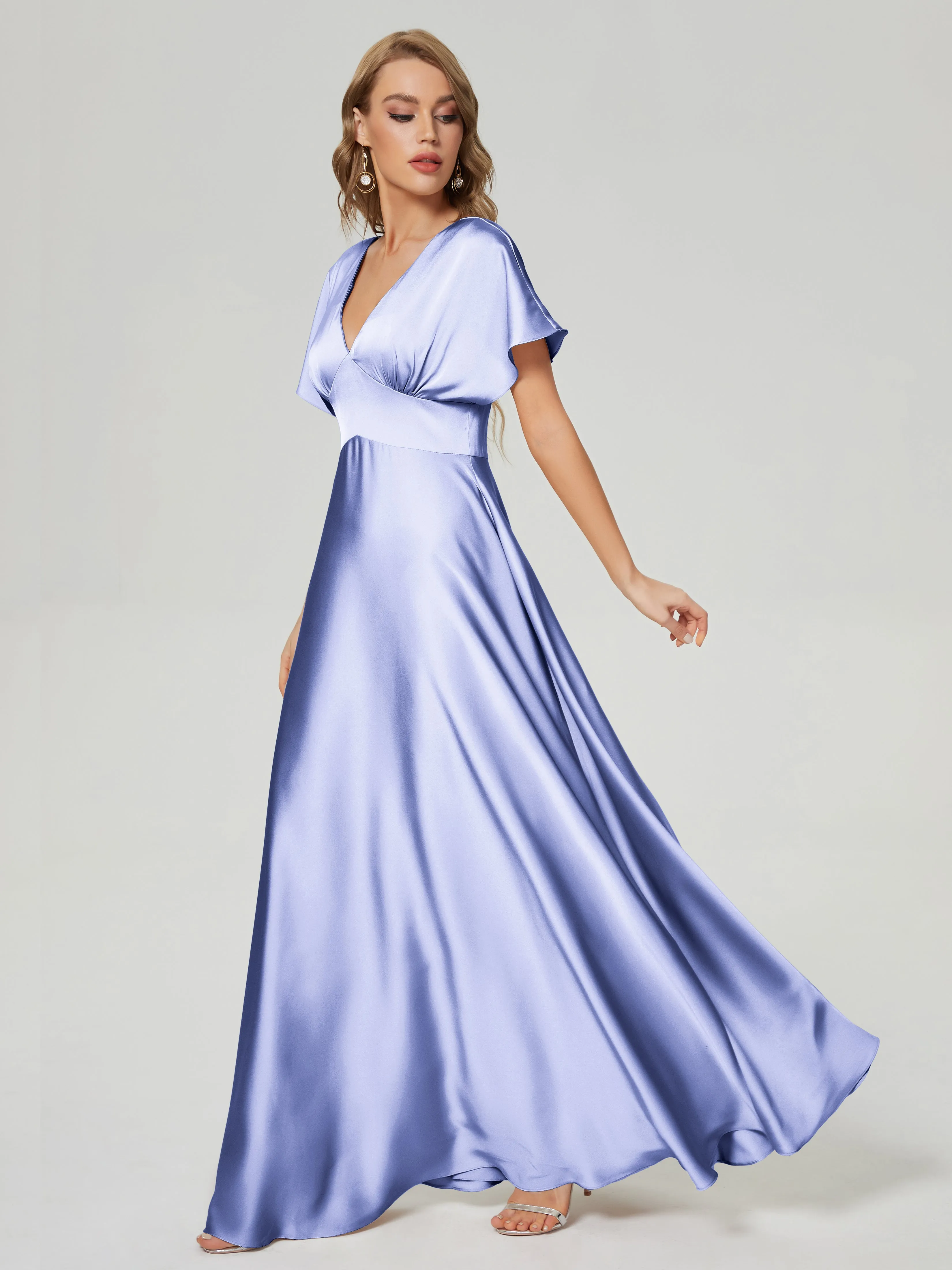 Cap Sleeves Soft Satin Prom Dresses