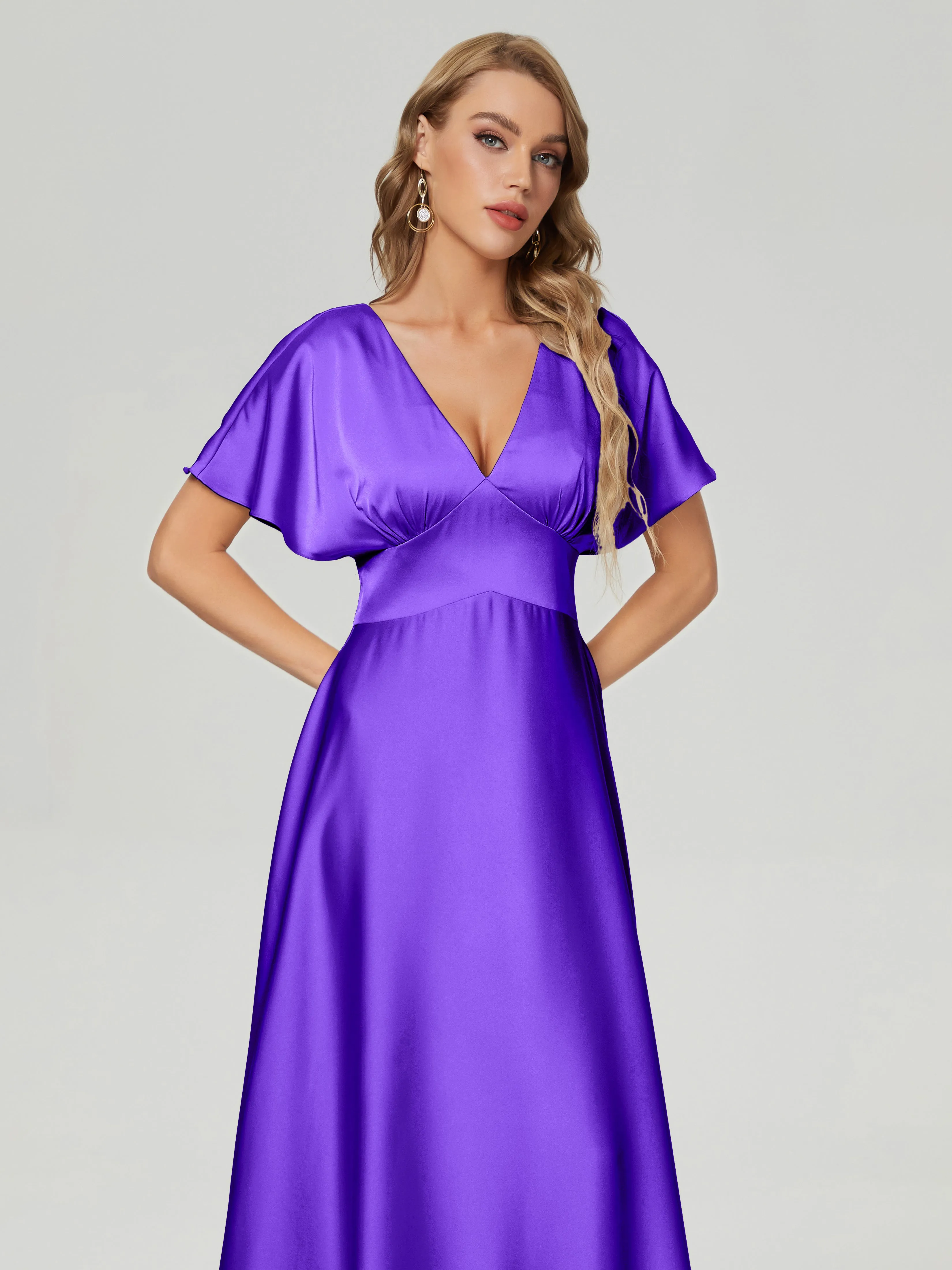 Cap Sleeves Soft Satin Prom Dresses